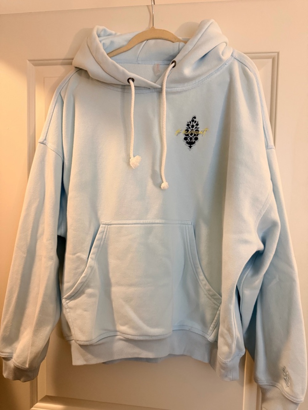 Free People Light Blue Hooded Sweatshirt with Embroidered Chest Motif